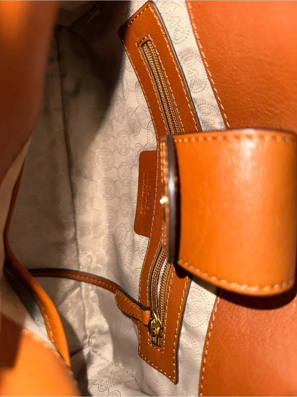Michael Kors Cream Logo Satchel with Brown Leather Trim and Gold Hardware